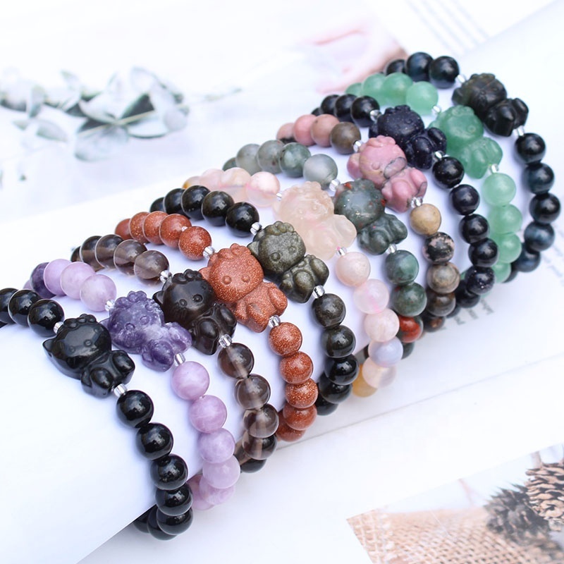 Bulk Wholesale Multi Natural Gemstone Crystal Kitty Bracelet Spiritual Healing Stone Hello Kitty Crystal Bracelets