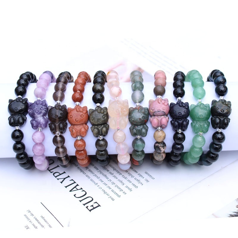 Bulk Wholesale Multi Natural Gemstone Crystal Kitty Bracelet Spiritual Healing Stone Hello Kitty Crystal Bracelets