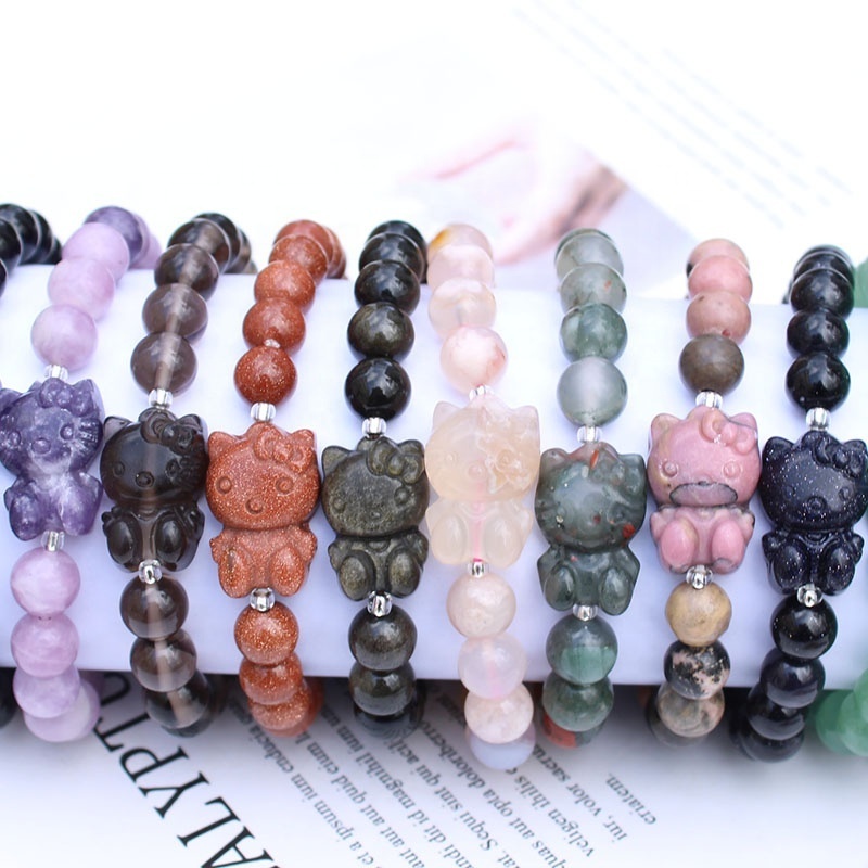 Bulk Wholesale Multi Natural Gemstone Crystal Kitty Bracelet Spiritual Healing Stone Hello Kitty Crystal Bracelets