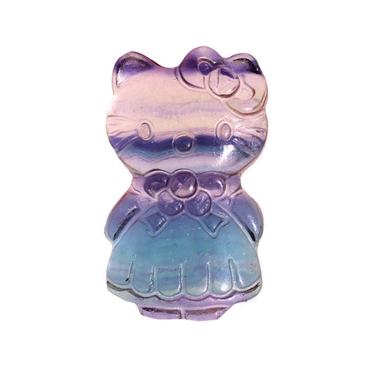 Hand Carved Natural Rainbow Fluorite Quartz Crystal Hello Kitty For Pendant