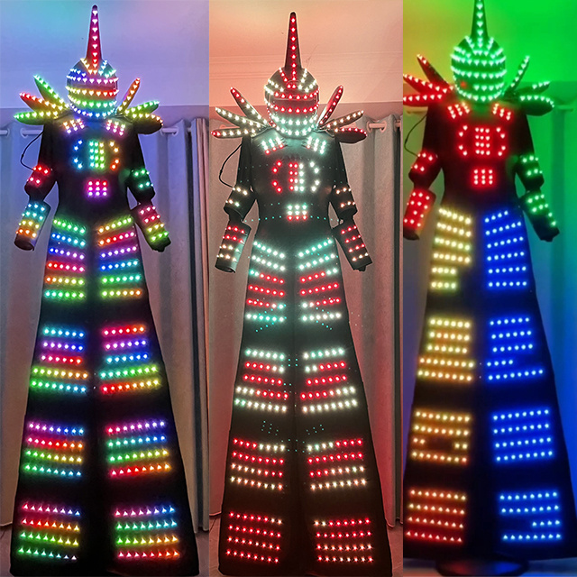 Led RGB Color Moving Dance Robot Costume Suit for Men Party Luminous Performance Wear wholesale led robot stilt walker costume