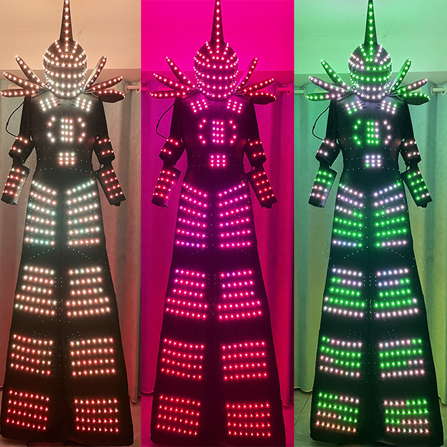 Led RGB Color Moving Dance Robot Costume Suit for Men Party Luminous Performance Wear wholesale led robot stilt walker costume