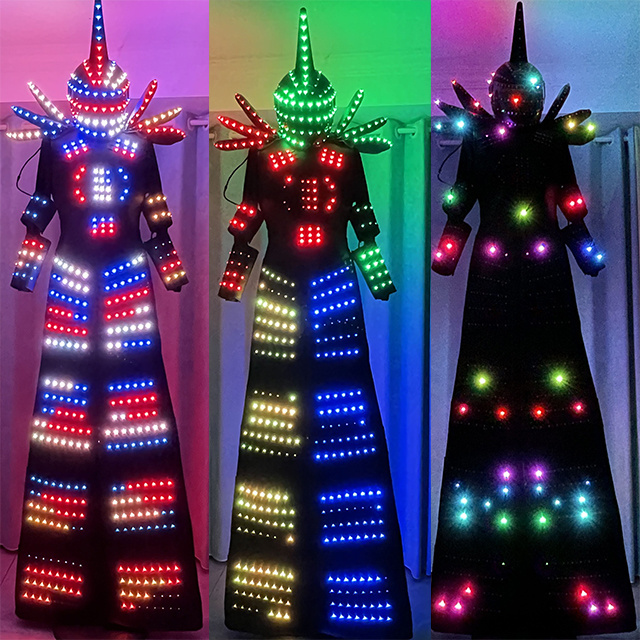 Led RGB Color Moving Dance Robot Costume Suit for Men Party Luminous Performance Wear wholesale led robot stilt walker costume