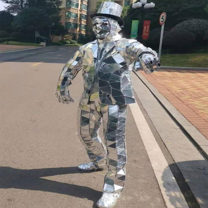 man women street performance stilt mirror reflective suit MOQ 1 piece high quality mirror costume