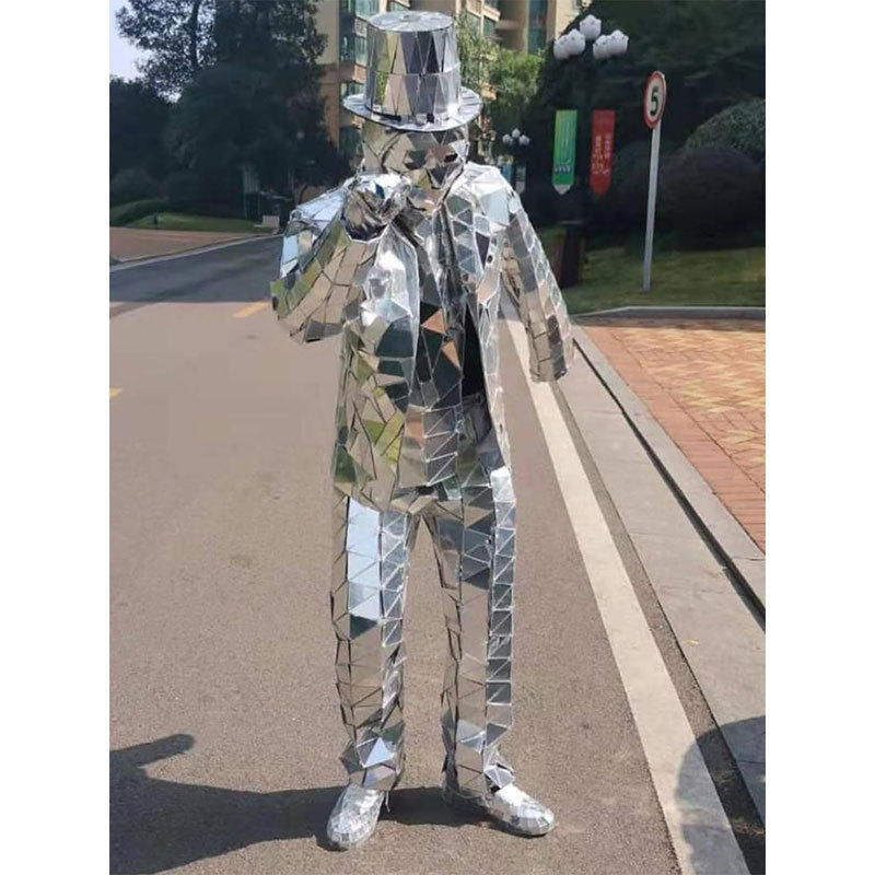 man women street performance stilt mirror reflective suit MOQ 1 piece high quality mirror costume