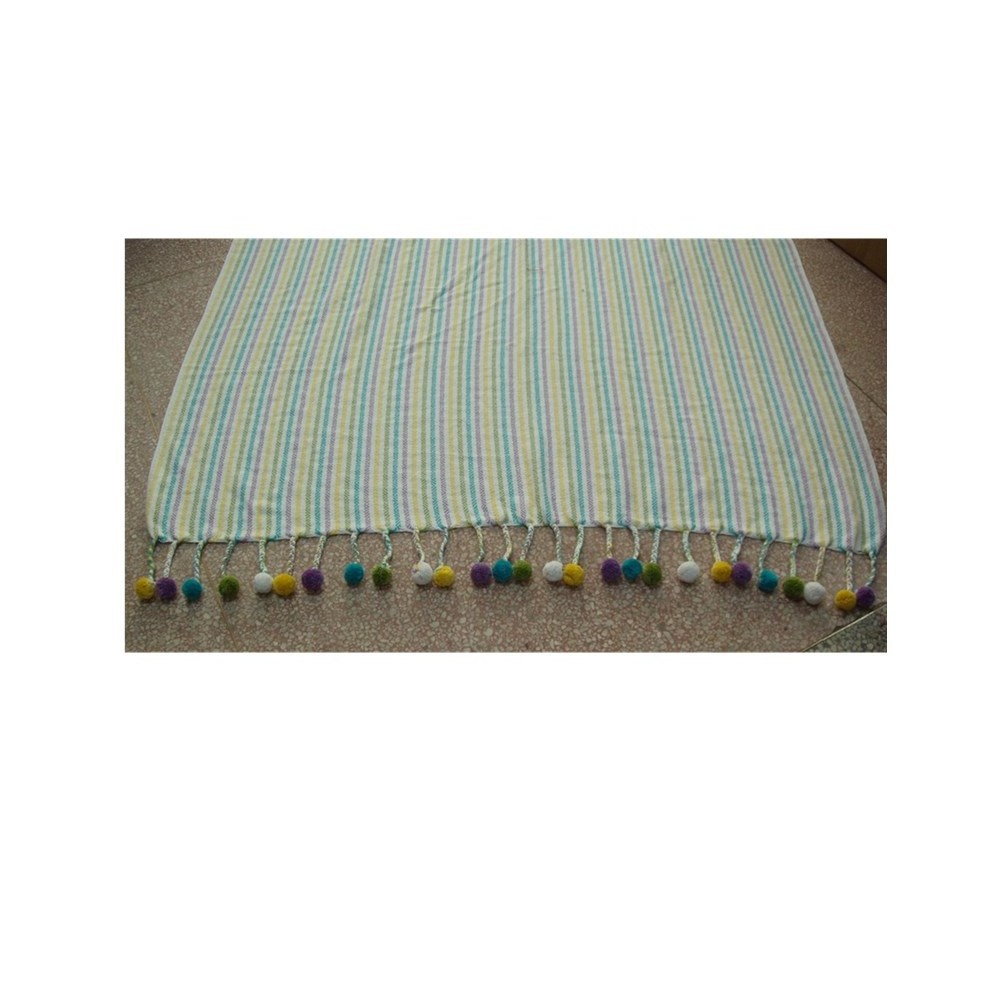 2020 100% cotton organic multi color stripe diamond soft sofa bed handmade pompon fringe woven throw blanket