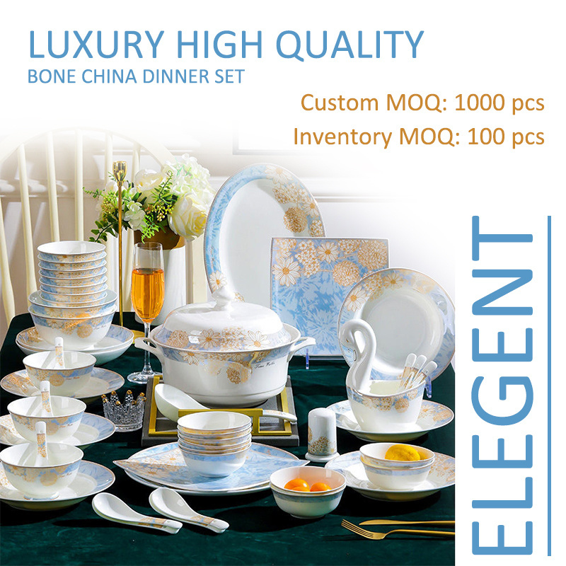 Wholesale European Custom Decal Bone China Dinner Set 60PCS Porcelain Plate Dinnerware Set for Household