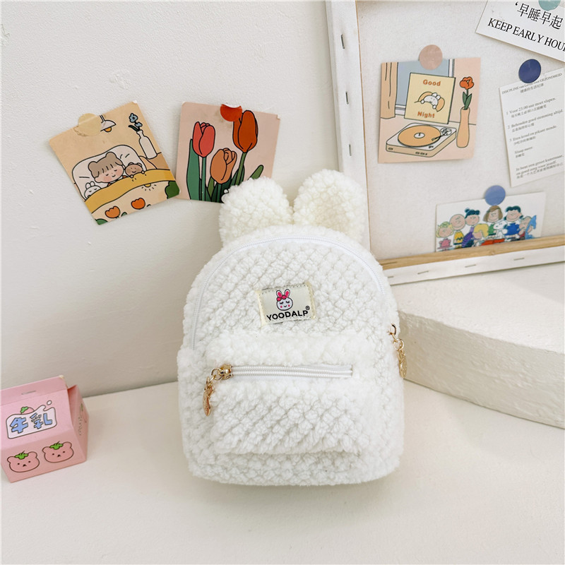 Furry Minnie Plush Children School Bag for Kids Bunny Backpack Pink Cartoon Mini Zipper Velvet Backpack