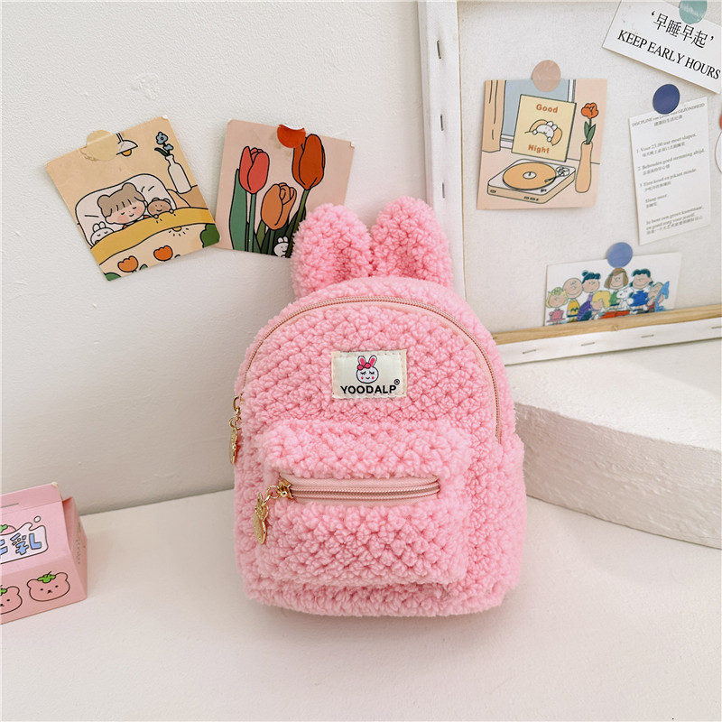 Furry Minnie Plush Children School Bag for Kids Bunny Backpack Pink Cartoon Mini Zipper Velvet Backpack