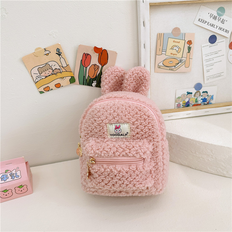 Furry Minnie Plush Children School Bag for Kids Bunny Backpack Pink Cartoon Mini Zipper Velvet Backpack