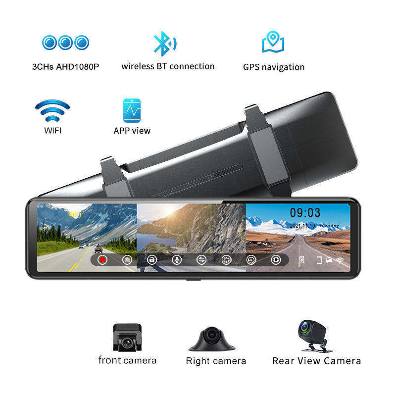 12'' Car Video Recorder Mirror 3CHs Camera AHD1080P Mirror Car DVR Carplay & Android Auto WIFI Parking Monitor