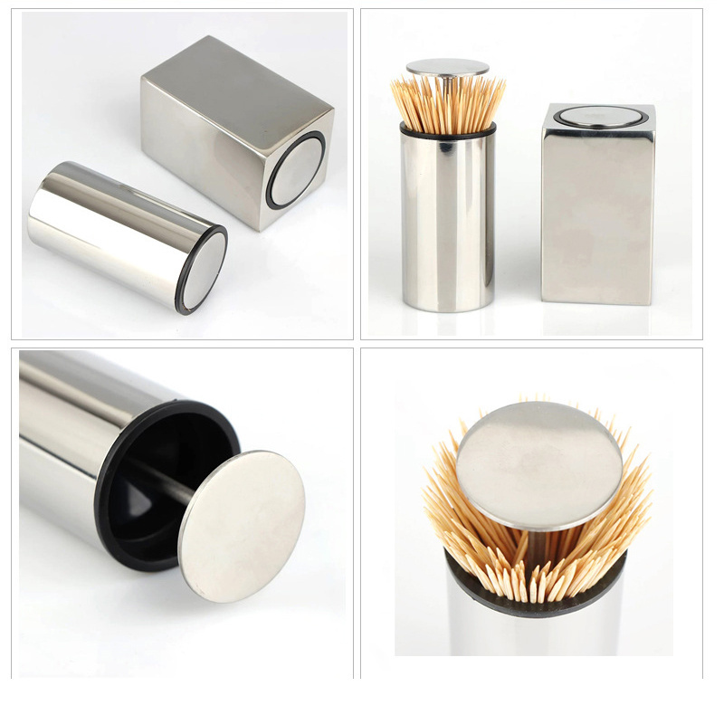 Novelty Automatic Stainless Steel Toothpick Holders mirror polishing Modern Square Circle Storage Bottle for Bamboo Tool