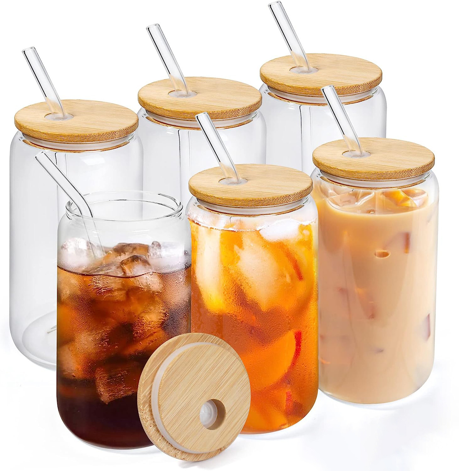 Glass Cup cafe latte soda custom coffee 4 pack 16oz beer can shaped glass cup with lid and straw