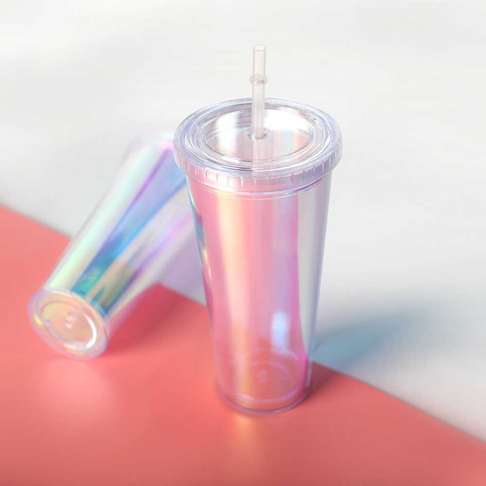 600Ml Double Wall Tumbler Reusable Plastic Cold Rainbow Magic Color Changing Cups With Lids And Straws