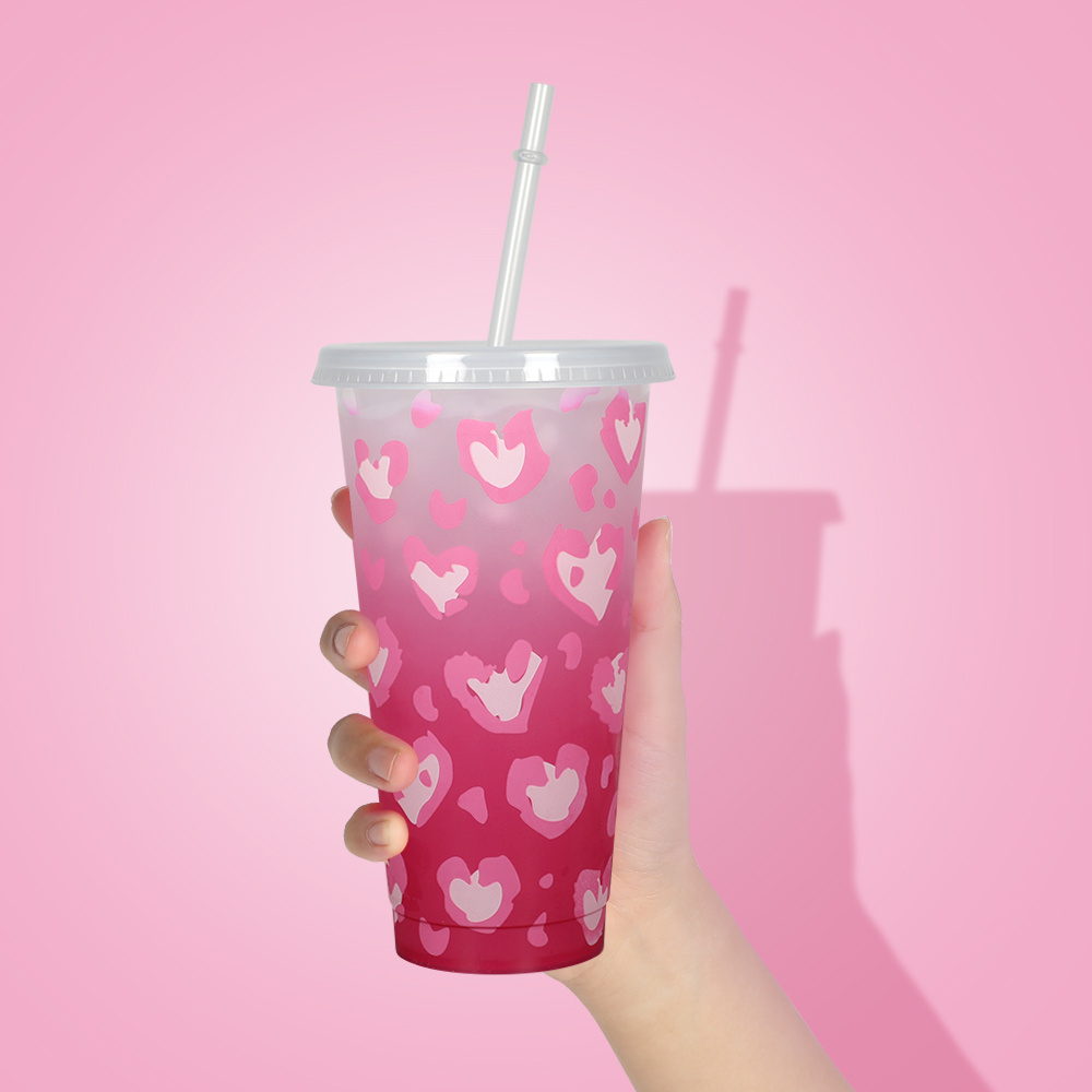 Valentines day gift 2024 reusable coffee pp cold plastic tumbler colour changing cup with straw