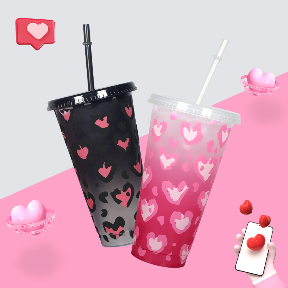 Valentines day gift 2024 reusable coffee pp cold plastic tumbler colour changing cup with straw