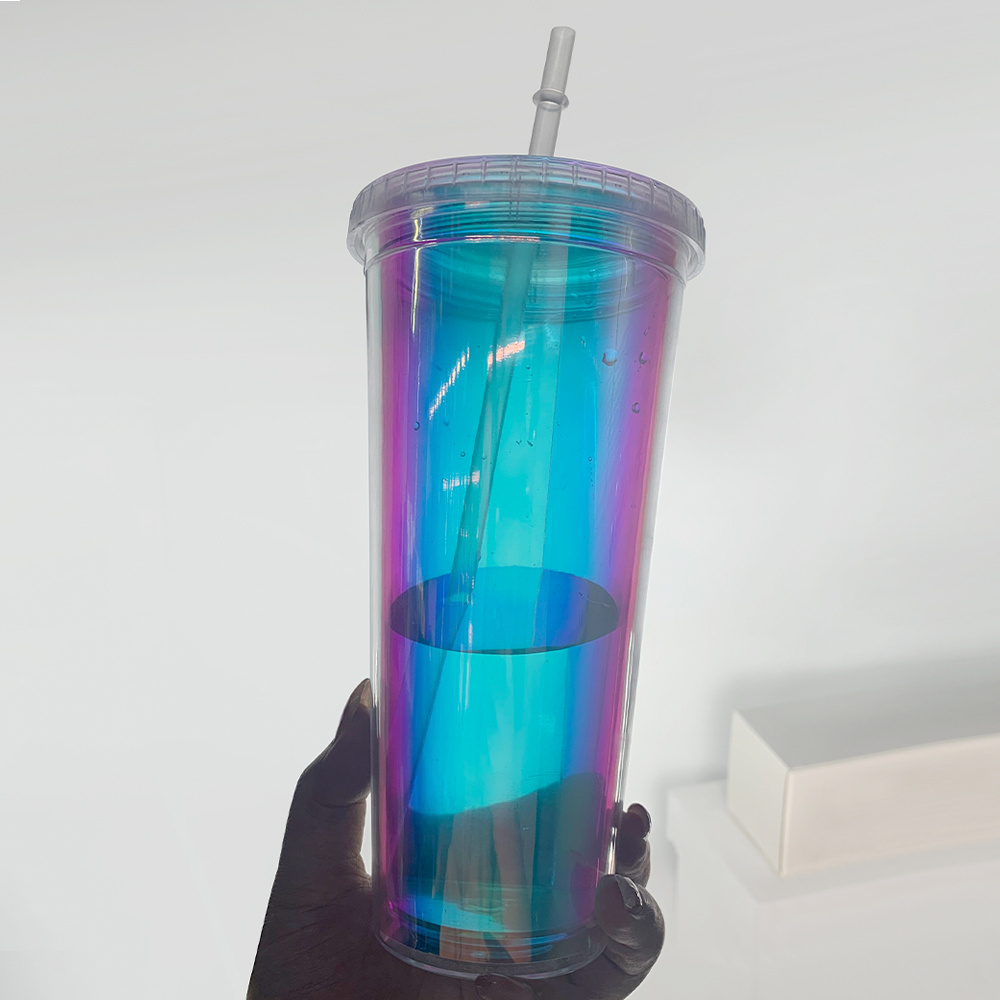 600Ml Double Wall Tumbler Reusable Plastic Cold Rainbow Magic Color Changing Cups With Lids And Straws