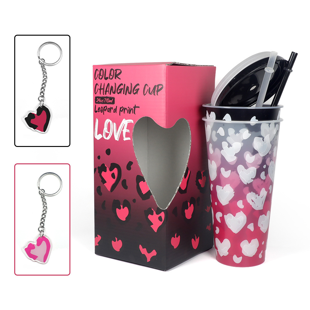 Valentines day gift 2024 reusable coffee pp cold plastic tumbler colour changing cup with straw