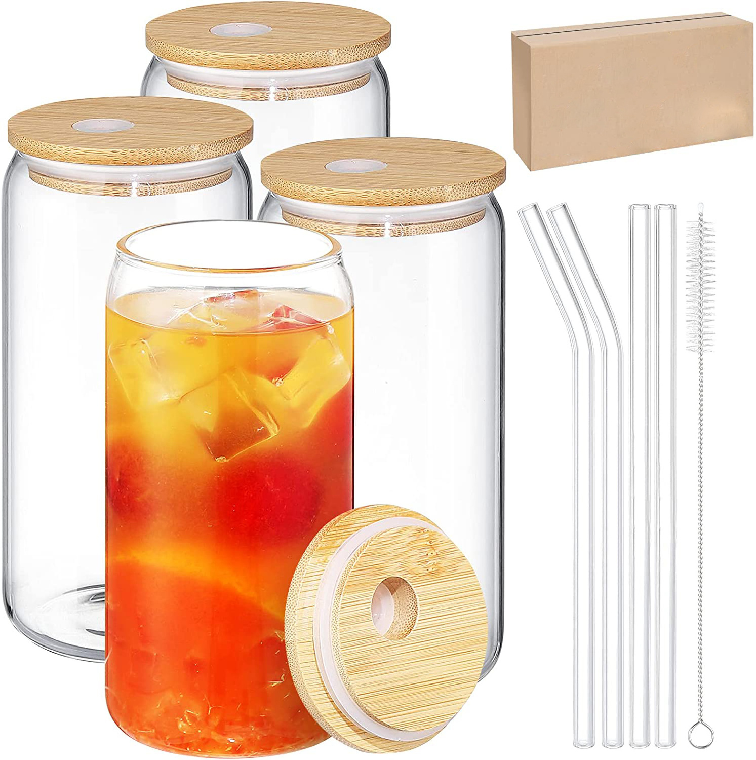 Glass Cup cafe latte soda custom coffee 4 pack 16oz beer can shaped glass cup with lid and straw