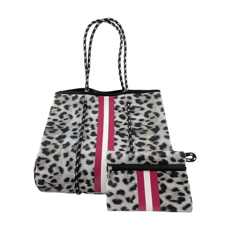 Fasion Women Small Satchel Bag Beach Weekender Tote Bag Leopard Reusable Neoprene Shopping Bag