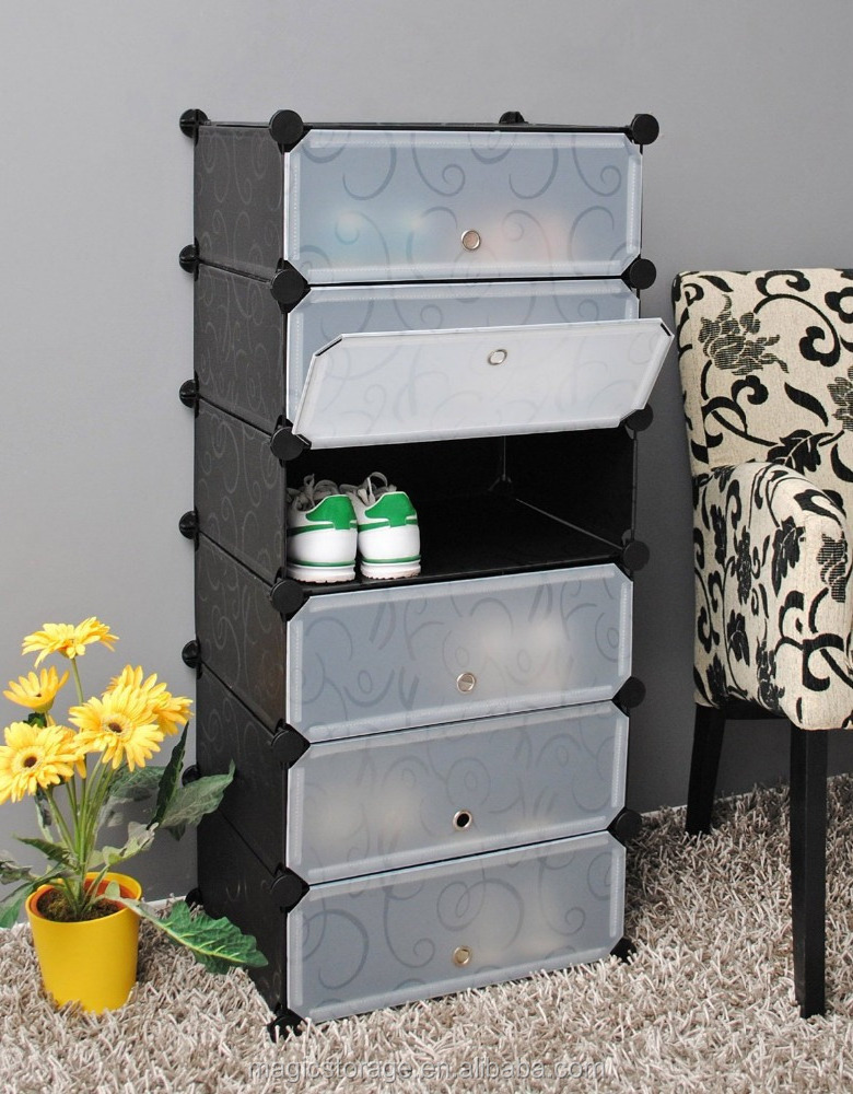 Multi Use DIY Plastic 6 Cube foldable shoe rack,Shoes Cabinet Black with White Door