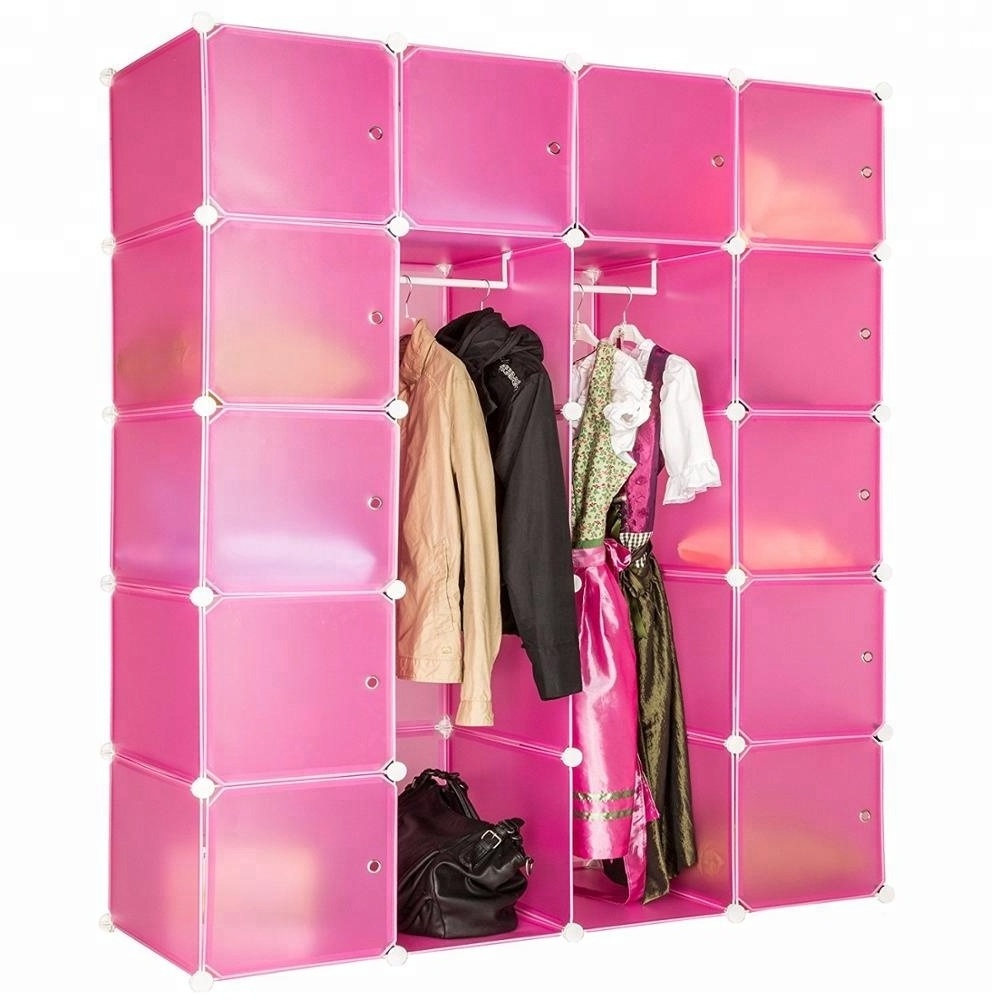 Multi Use DIY Plastic 20 Cube Wardrobe Closet, Pink color with pink door