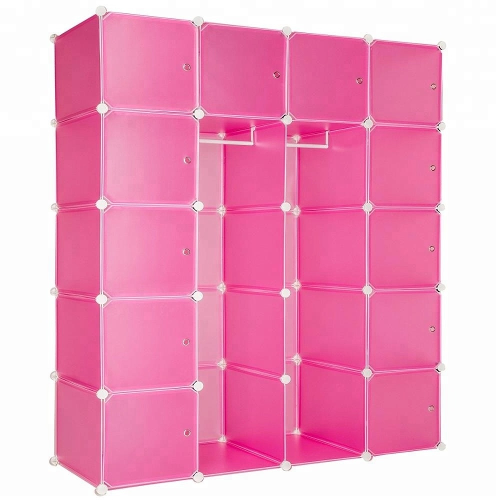 Multi Use DIY Plastic 20 Cube Wardrobe Closet, Pink color with pink door