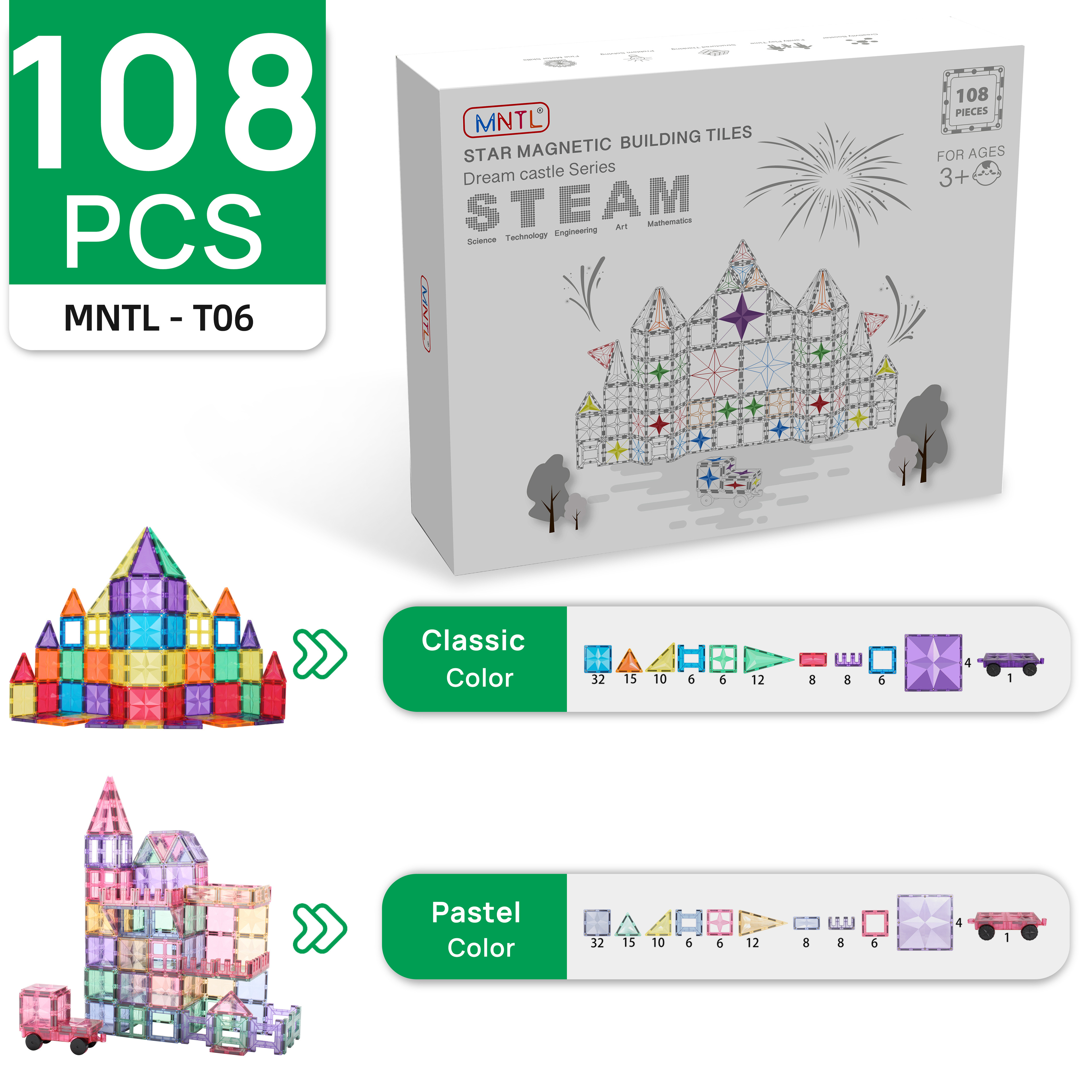 MNTL plastic construction set educational 108pcs magnetic building tiles blocks toys for kids CPSC, CE, EN71, ASTM