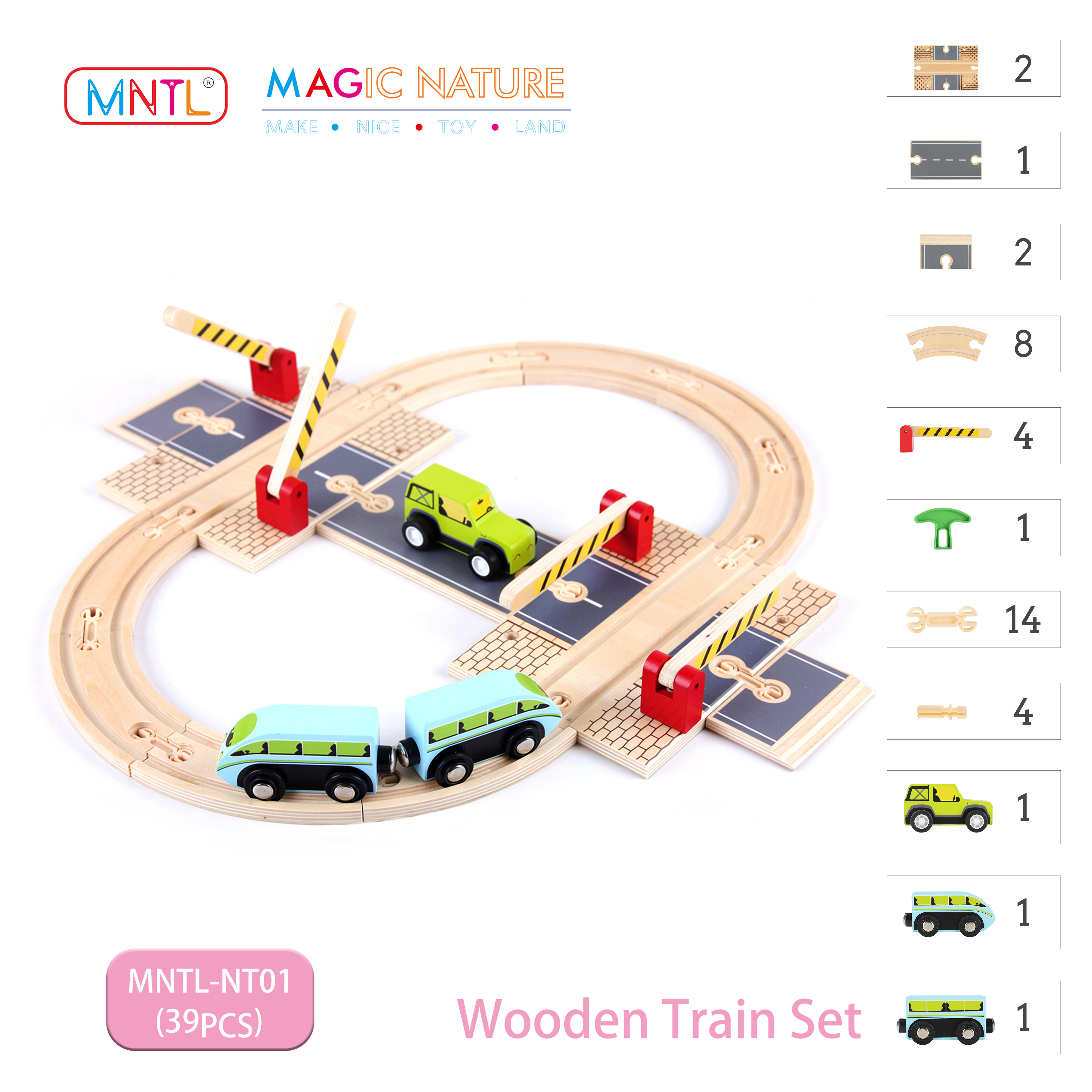 MNTL Kids Wooden 39 Pcs Train Track Set Stem Educational Railway Wooden Tracks Train Set Toy For Children