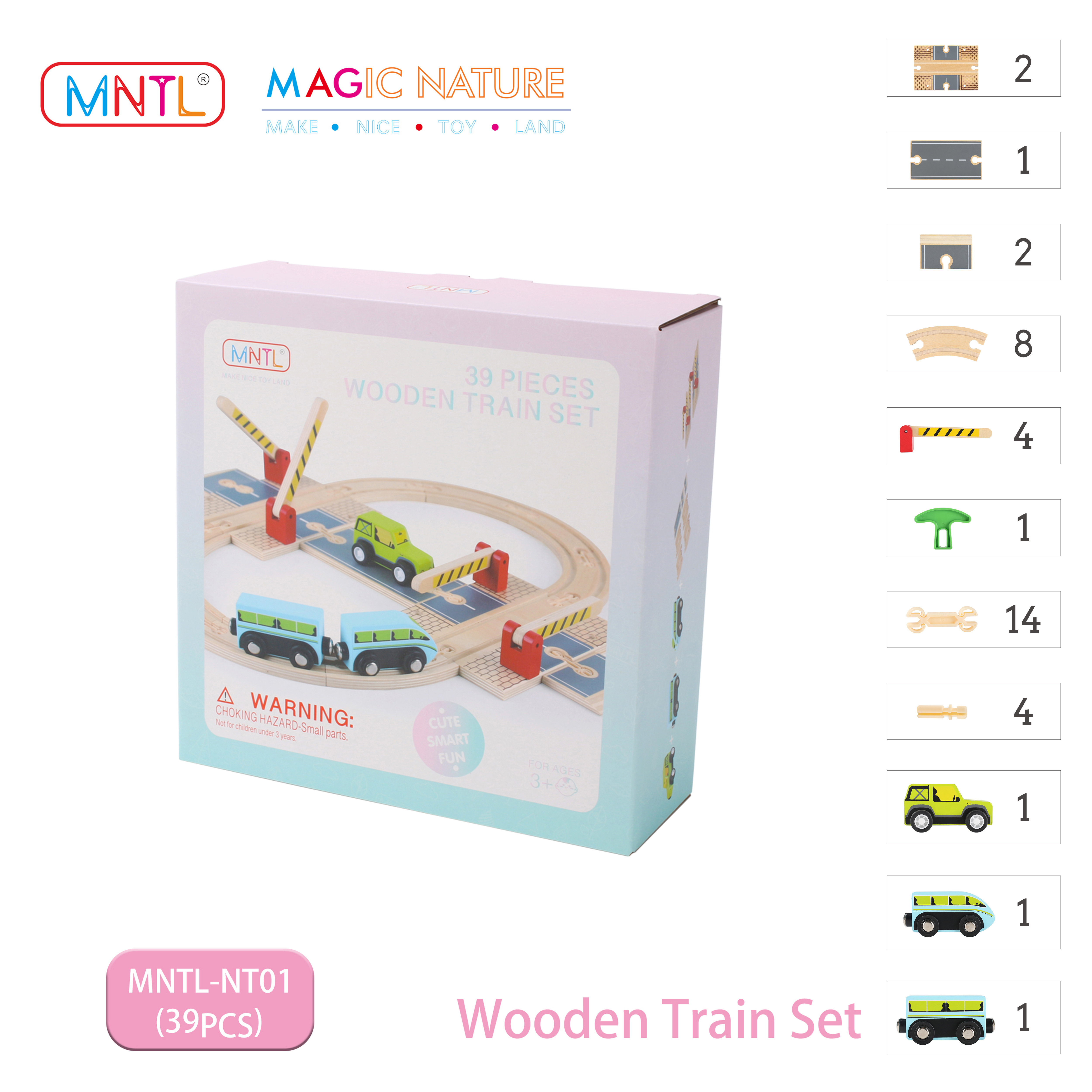 MNTL Kids Wooden 39 Pcs Train Track Set Stem Educational Railway Wooden Tracks Train Set Toy For Children