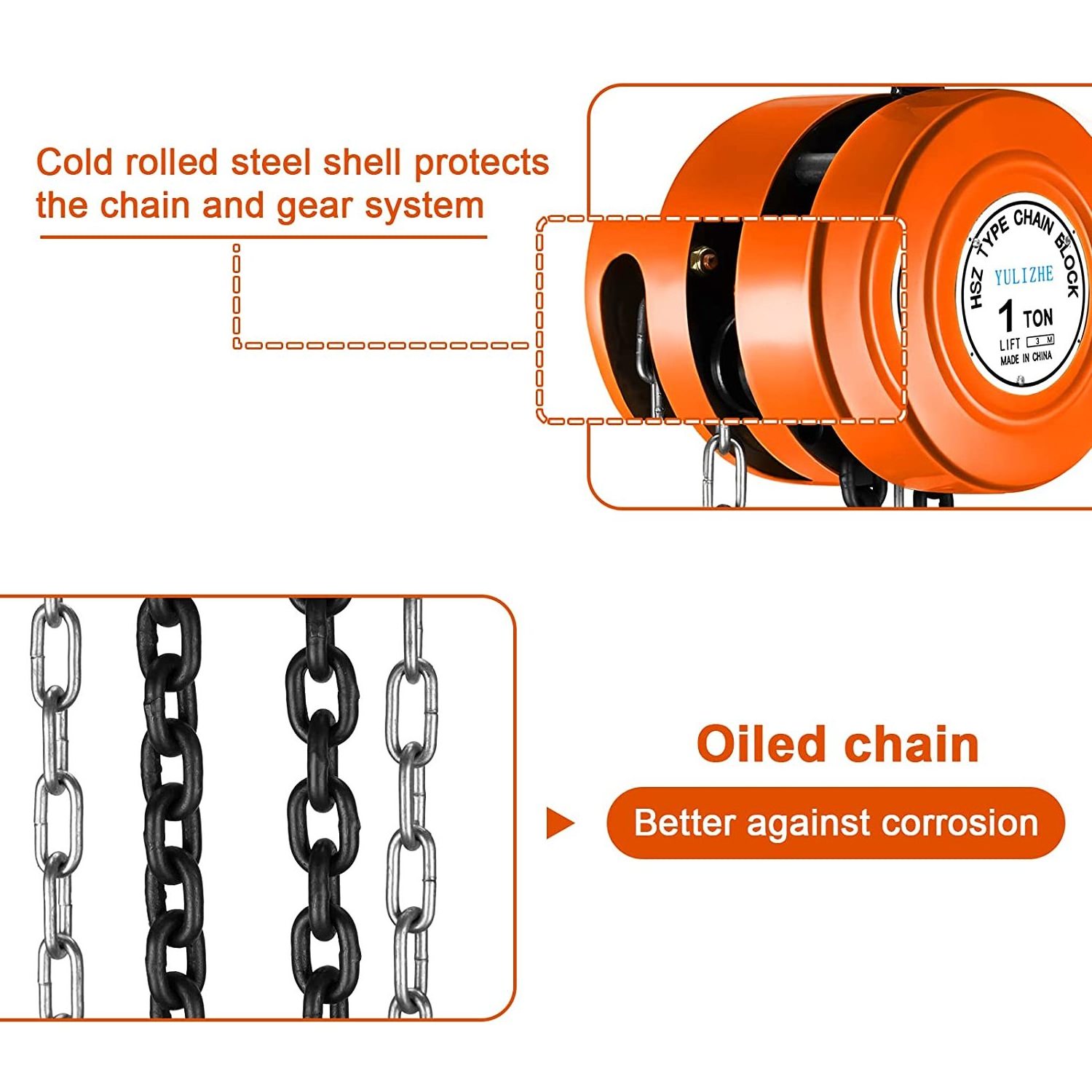 1-20T load optional G80 manganese steel chain with 2 Heavy Duty Hooks Double guide wheel design for Warehouses hand chain hoist