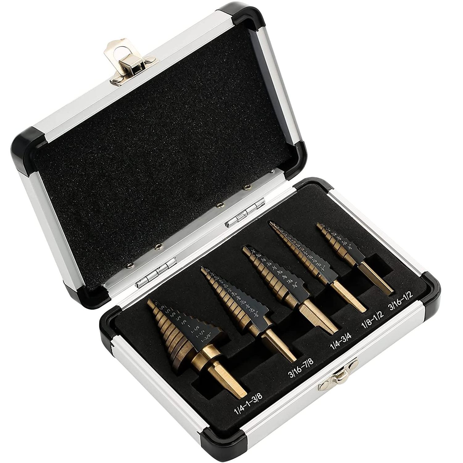 Step Drill Bits, 5PCS HSS Titanium Step Drill Bit Set, 50 Sizes High Speed Steel Step Bits for Metal with Aluminum Case