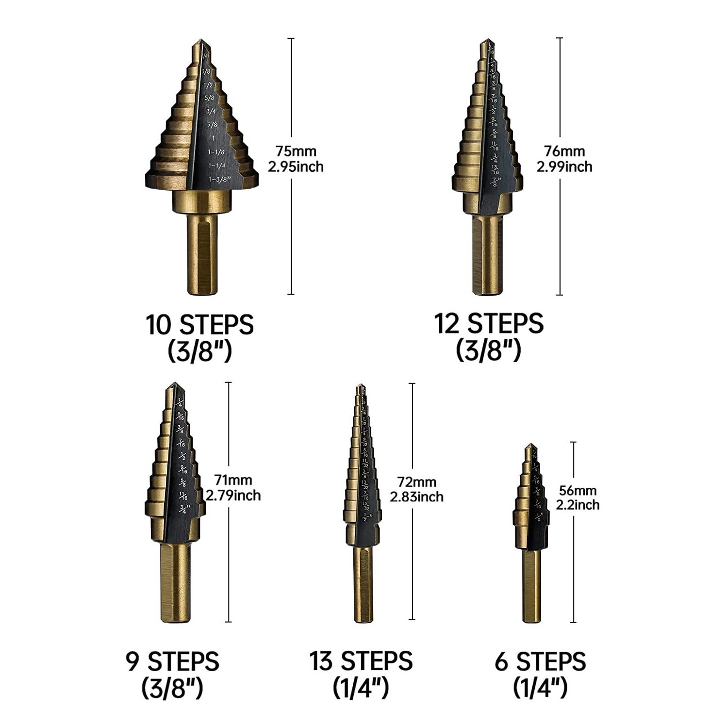 Step Drill Bits, 5PCS HSS Titanium Step Drill Bit Set, 50 Sizes High Speed Steel Step Bits for Metal with Aluminum Case