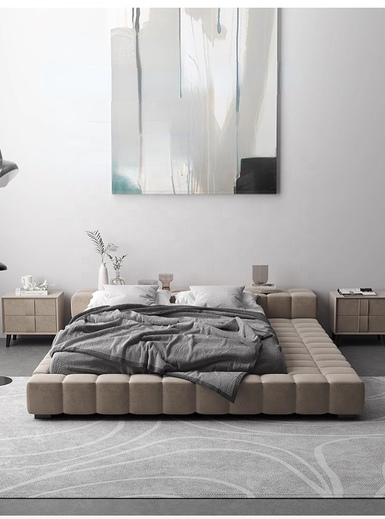 Modern Minimalist Italian Double Modular Floor Low Bed brushed Velvet Bed