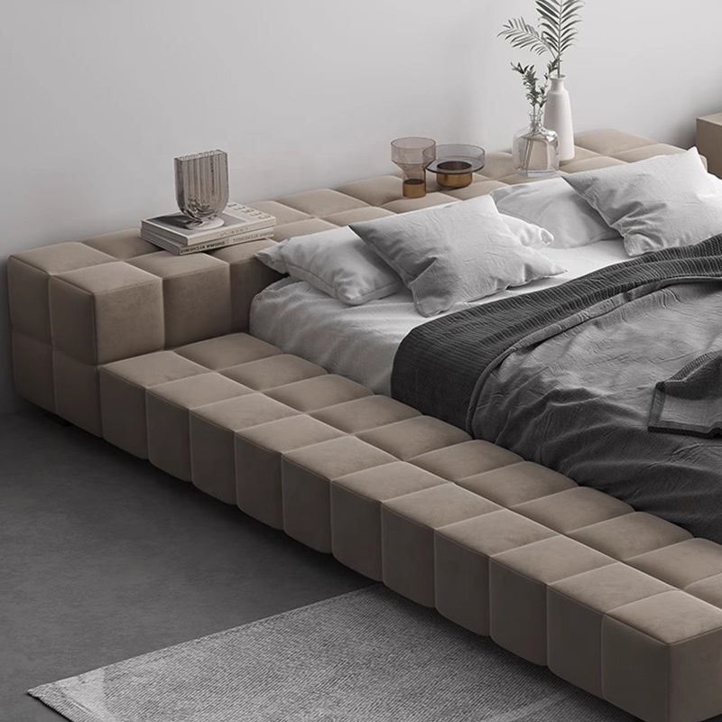 Modern Minimalist Italian Double Modular Floor Low Bed brushed Velvet Bed