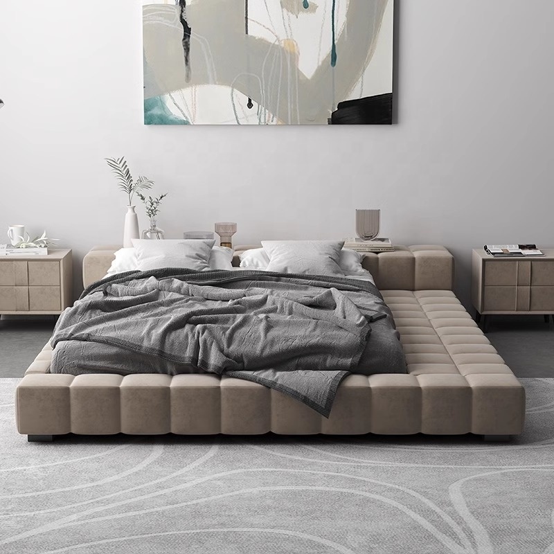 Modern Minimalist Italian Double Modular Floor Low Bed brushed Velvet Bed