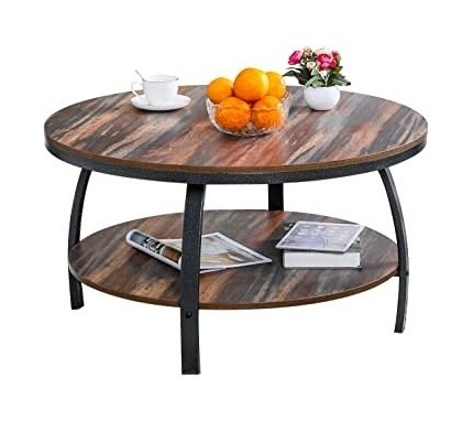 Hot Selling Wholesale Round Black Metal Frame Coffee Table with Wooden Top 2-Tier Storage For Home Hotel Restaurant Furniture