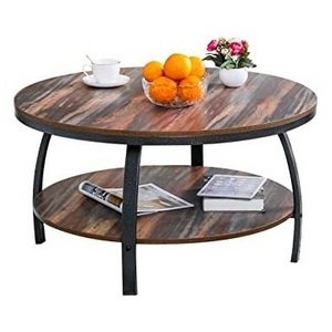 Hot Selling Wholesale Round Black Metal Frame Coffee Table with Wooden Top 2-Tier Storage For Home Hotel Restaurant Furniture