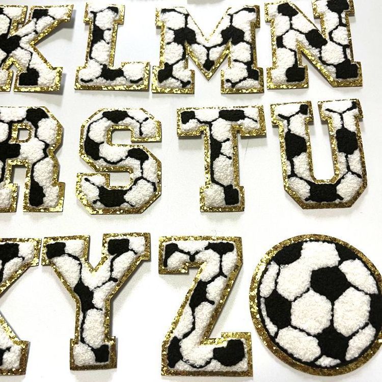 Football style gold glitter trim patch embroidery chenille patches letters