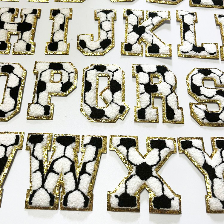 Football style gold glitter trim patch embroidery chenille patches letters