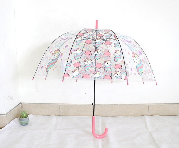 Promotional cartoon unicorn printing clear transparent umbrella for kids