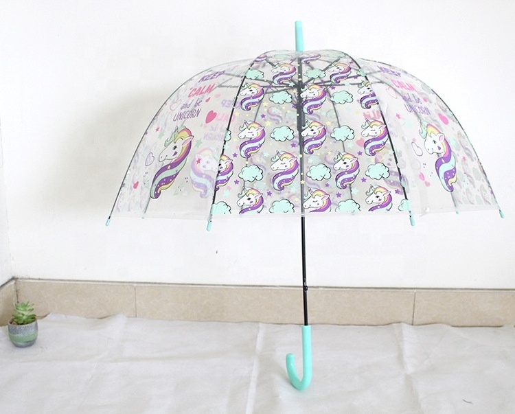 Promotional cartoon unicorn printing clear transparent umbrella for kids