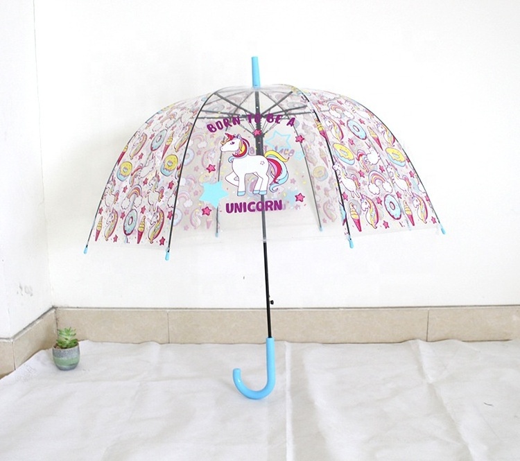 Promotional cartoon unicorn printing clear transparent umbrella for kids