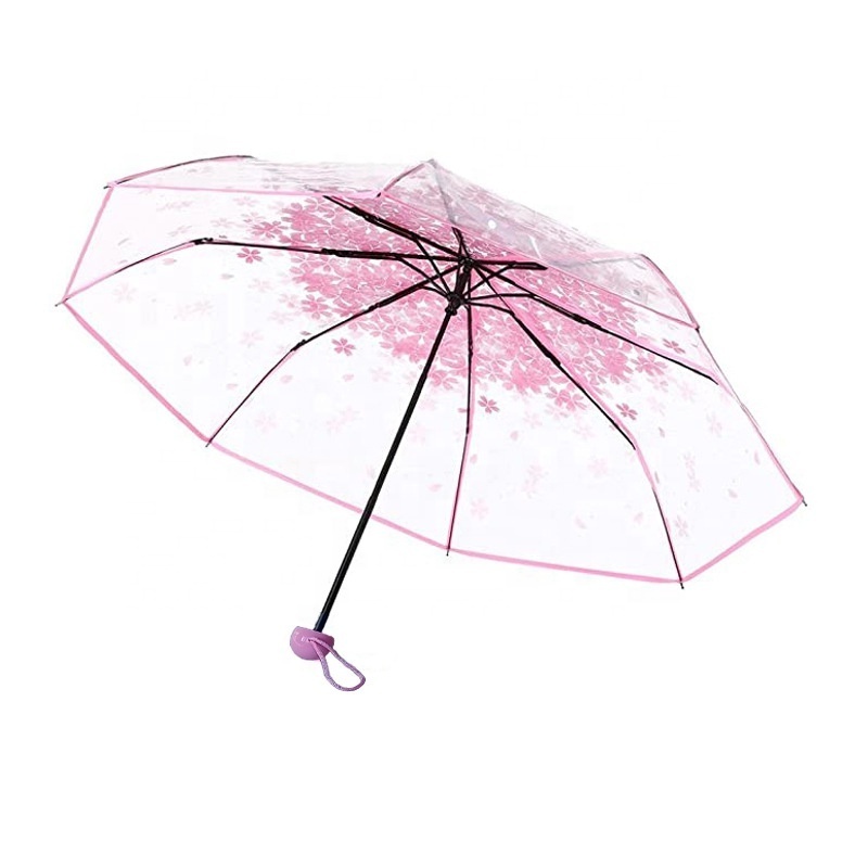 Wholesale cute flower printed clear transparent folding umbrella for girls