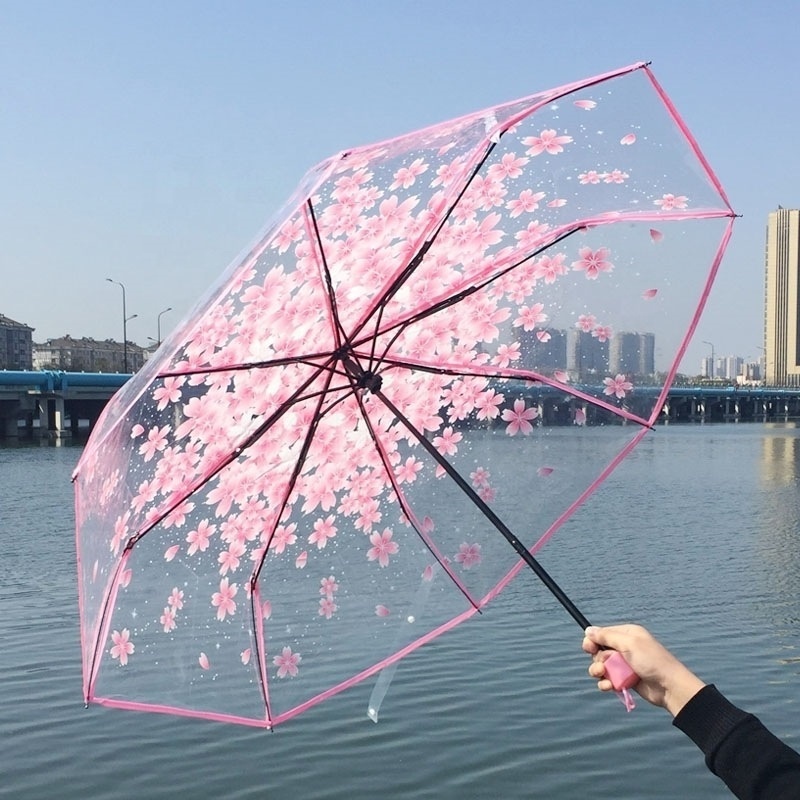 Wholesale cute flower printed clear transparent folding umbrella for girls