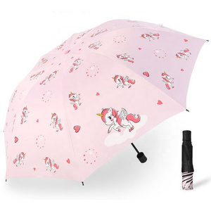 Outdoor travel uv protection girls cartoon 3 fold umbrella for kids unicorn