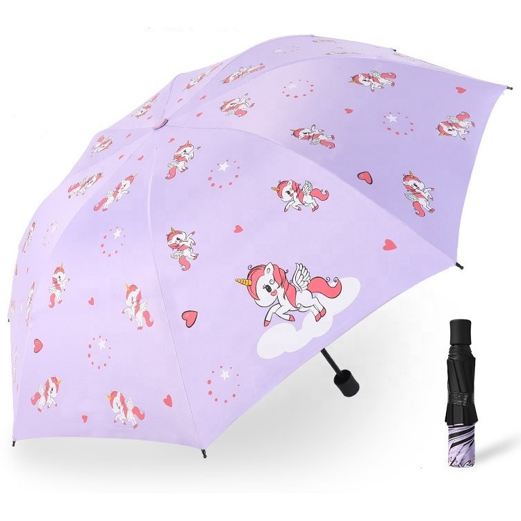 Outdoor travel uv protection girls cartoon 3 fold umbrella for kids unicorn