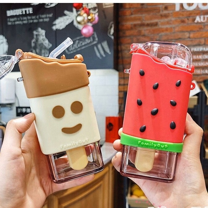 New kids cute straw plastic ice cups creative popsicle water bottle with strap