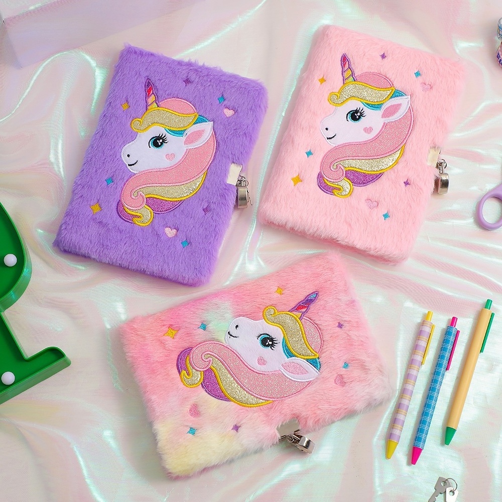 2023 New school A5 diary cartoon kawaii plush fluffy unicorn notebook with lock