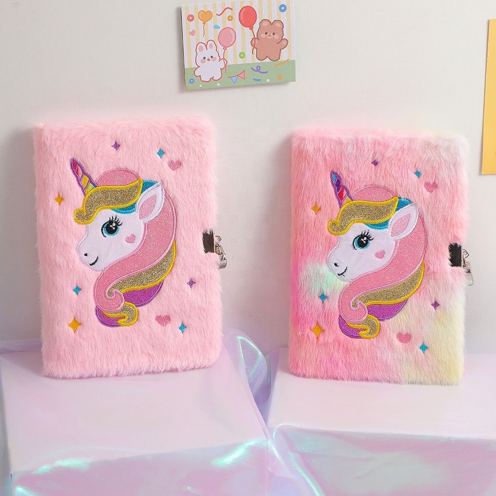 2023 New school A5 diary cartoon kawaii plush fluffy unicorn notebook with lock